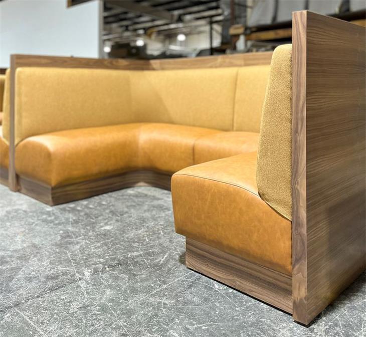 Modern Yellow-Brown Leather & Wood Grain U-Shaped Booth Seating - Comfortable & Durable Furniture for Western Restaurants