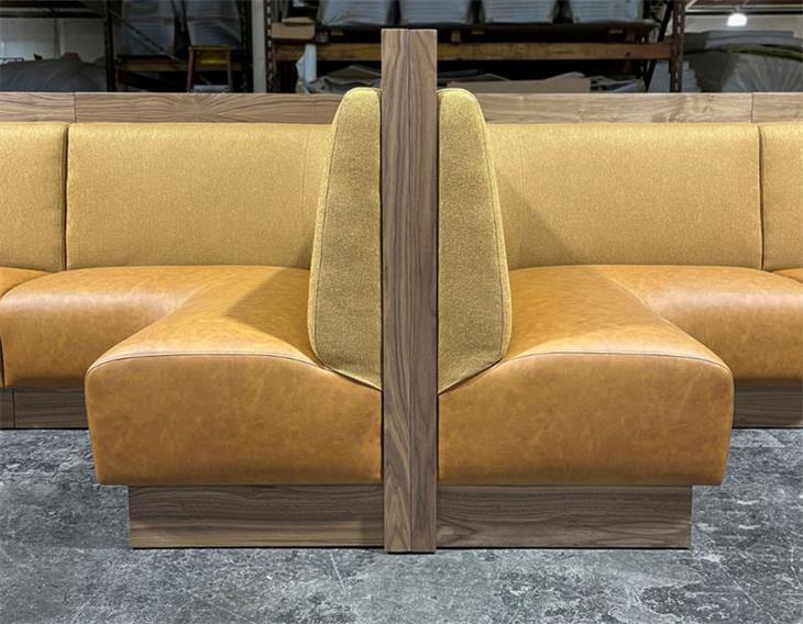 Modern Yellow-Brown Leather & Wood Grain U-Shaped Booth Seating - Comfortable & Durable Furniture for Western Restaurants