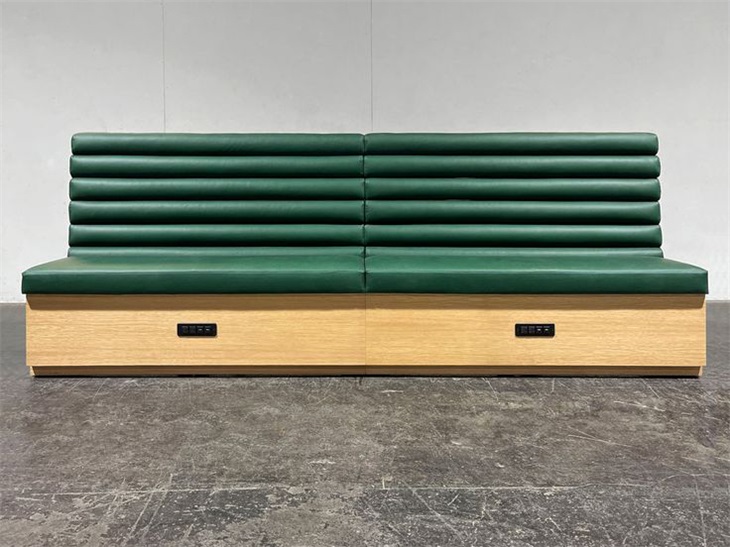 Green Vinyl Upholstered Banquette Seating with USB Ports for Cafe