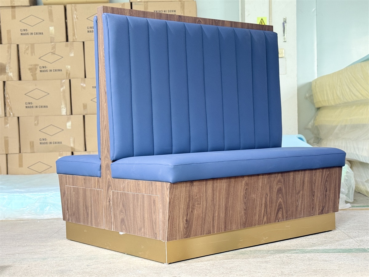 Modern blue double-sided booth seating with wood grain base for restaurants and cafés