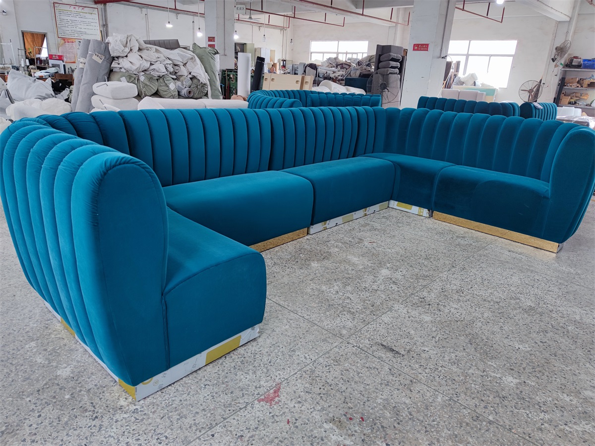 Luxury velvet U-shaped sectional sofa with channel tufted back for club or hotel lounge
