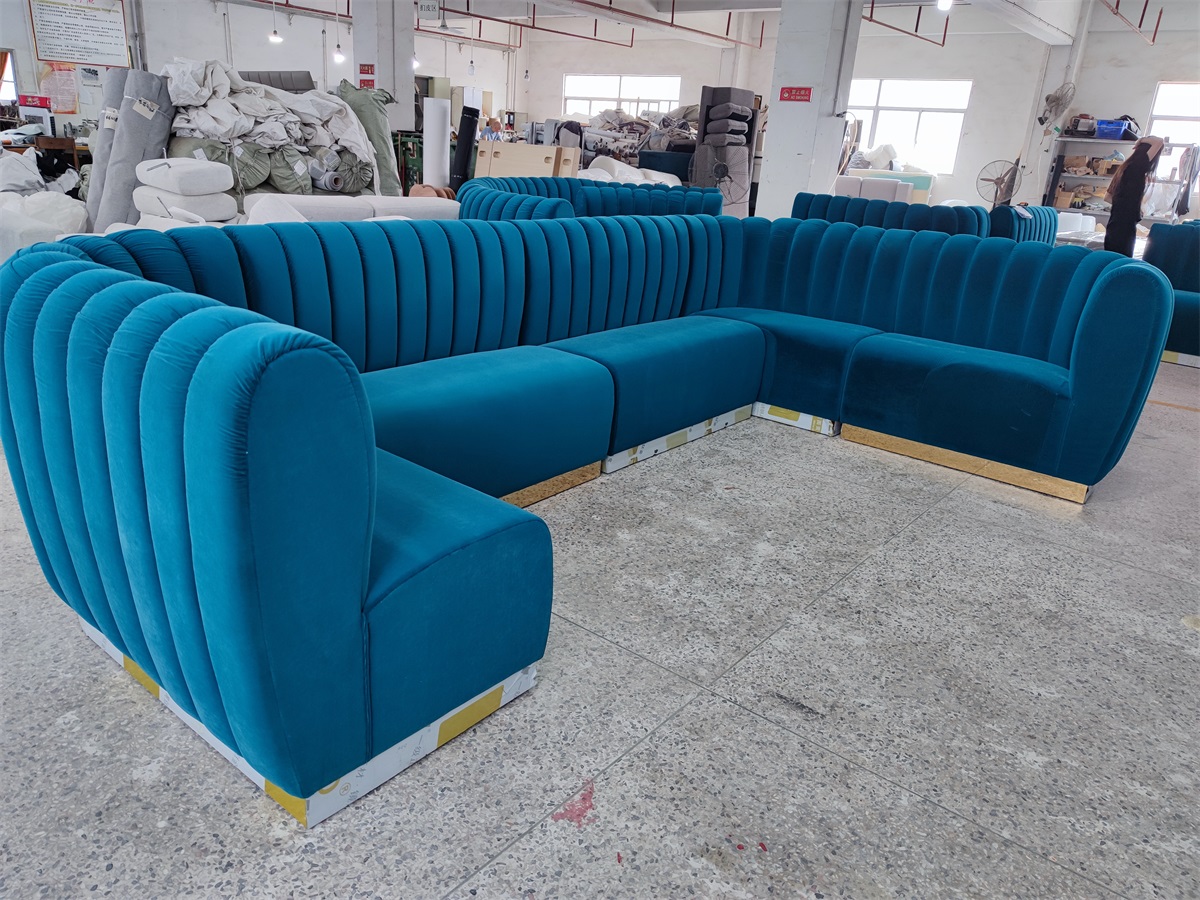 Blue velvet sectional couch designed for VIP room or commercial lounge seating