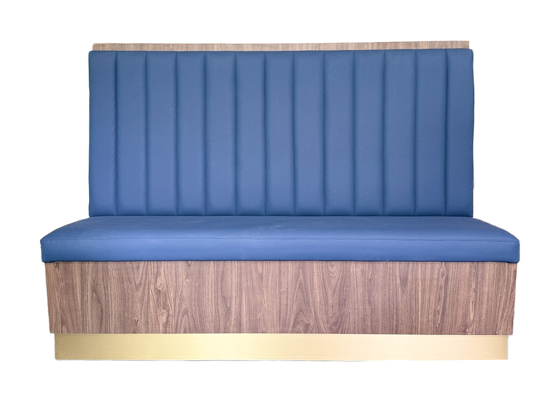Modern Café Booth Seating – Blue Vinyl Bench with Wood Base & Brass Kick Plate | Commercial Restaurant Furniture