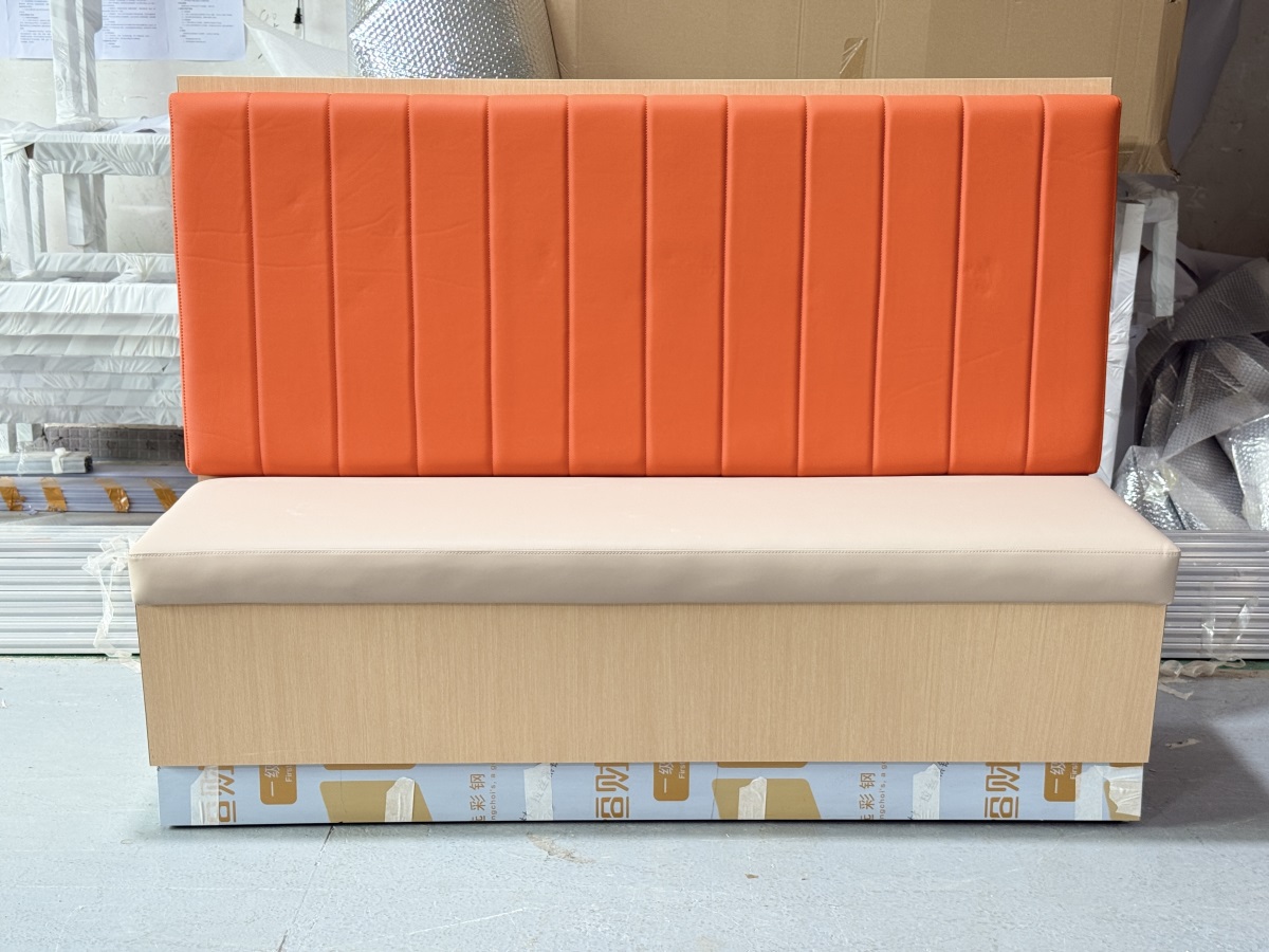 Commercial banquette bench with vertical stitching and custom-sized wood base