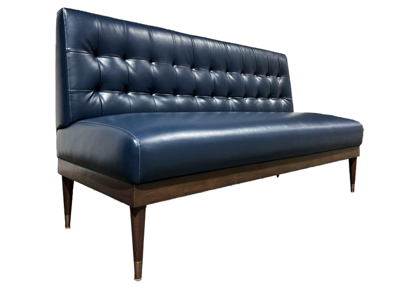 Mid Century Modern Blue Leather Restaurant Booth with Tufted Back and Wood Base