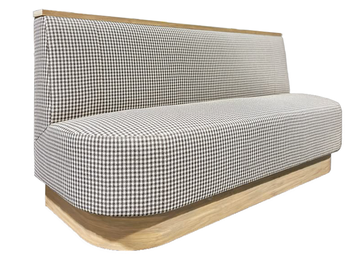 Upholstered Banquette Seating with Houndstooth Fabric and Wood Base for Hotel Lobbies and Dining Areas