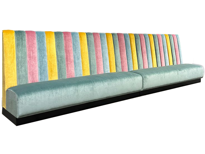 Custom Colorful Velvet Banquette | Retro Striped Restaurant Booth Seating | Commercial Upholstered Bench