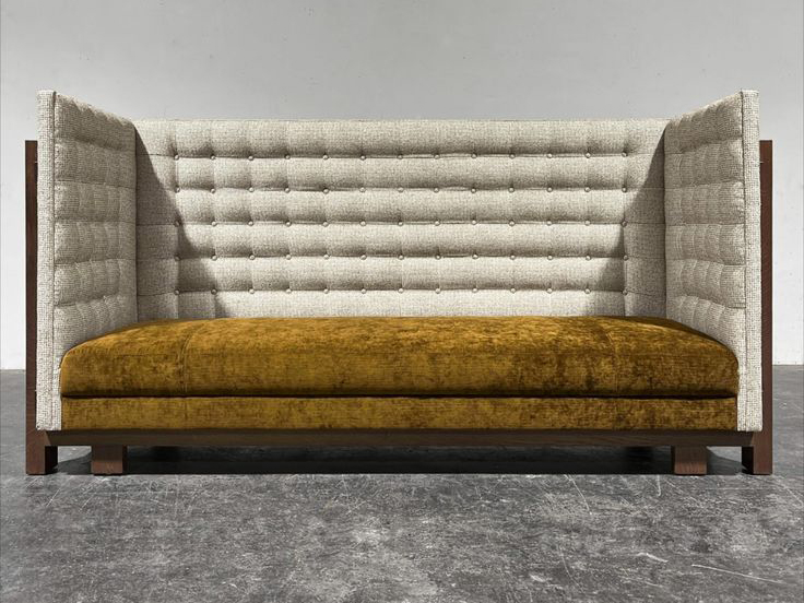 High back hotel lobby sofa with tufted upholstery and walnut wood frame