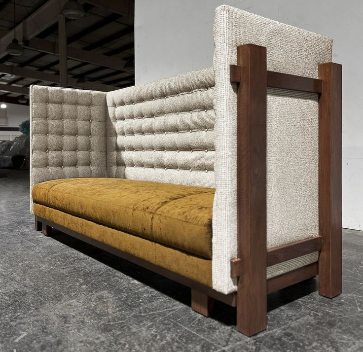 Modern acoustic privacy seating for hotel lounges with mustard velvet cushion