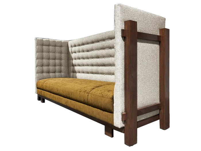 Modern Hotel Lobby High Back Sofa – Acoustic Privacy Seating with Tufted Upholstery and Walnut Wood Frame