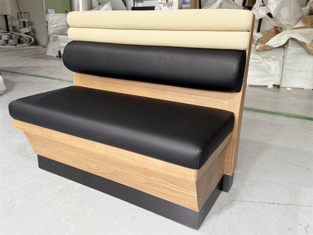 Commercial dining bench with wood base and two-tone upholstery